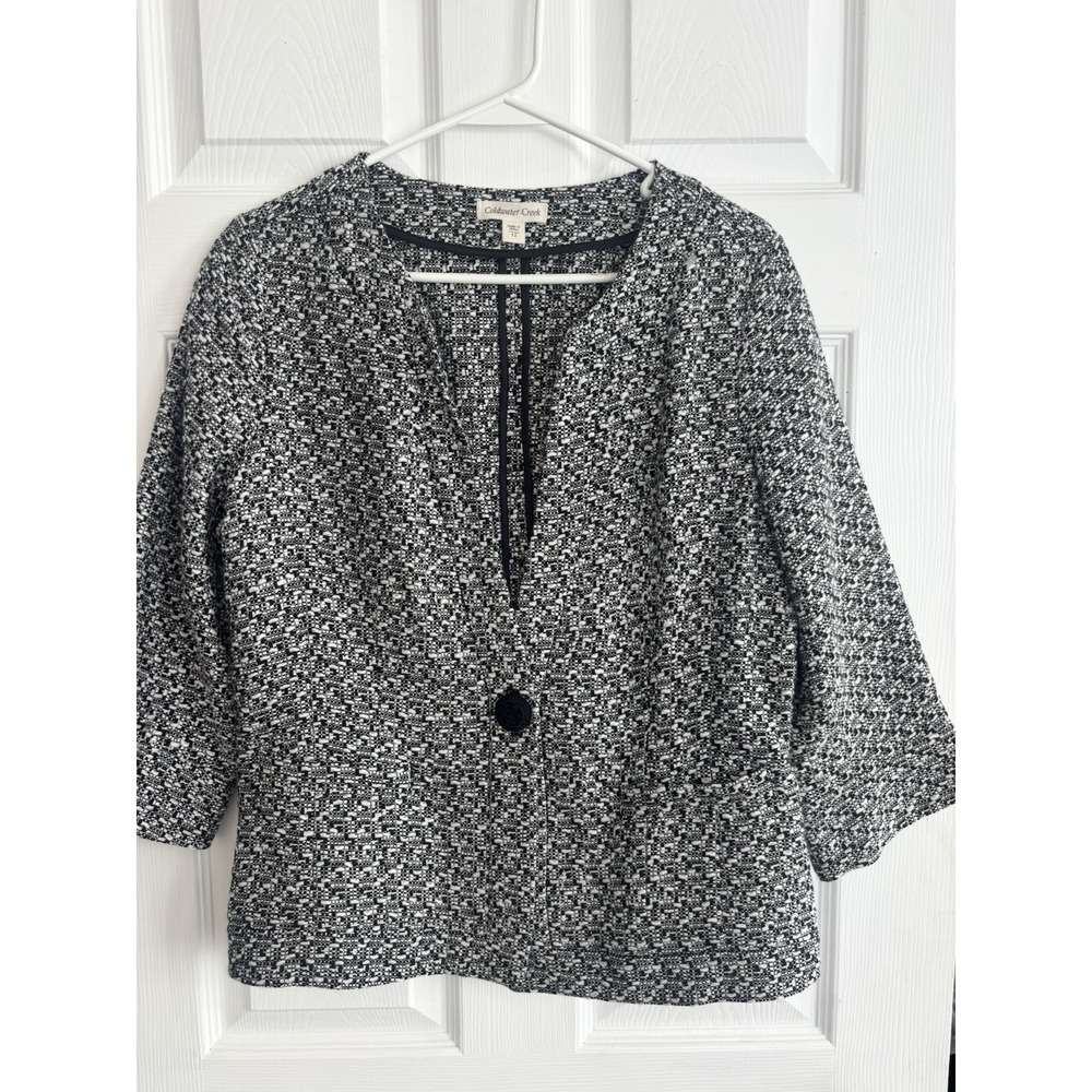 Coldwater Creek V-Neck‎ Black/White Tweed Button Blazer Jacket Size 12